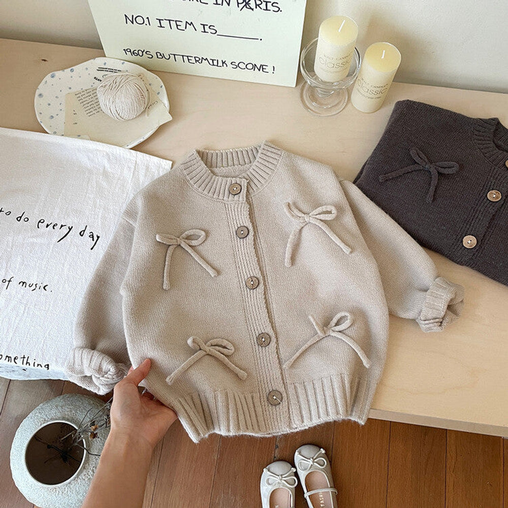 MyKids-USA® Baby Kids Girls Comfortable Butterfly-bows Decorated Knitted Long Sleeves Cardigan