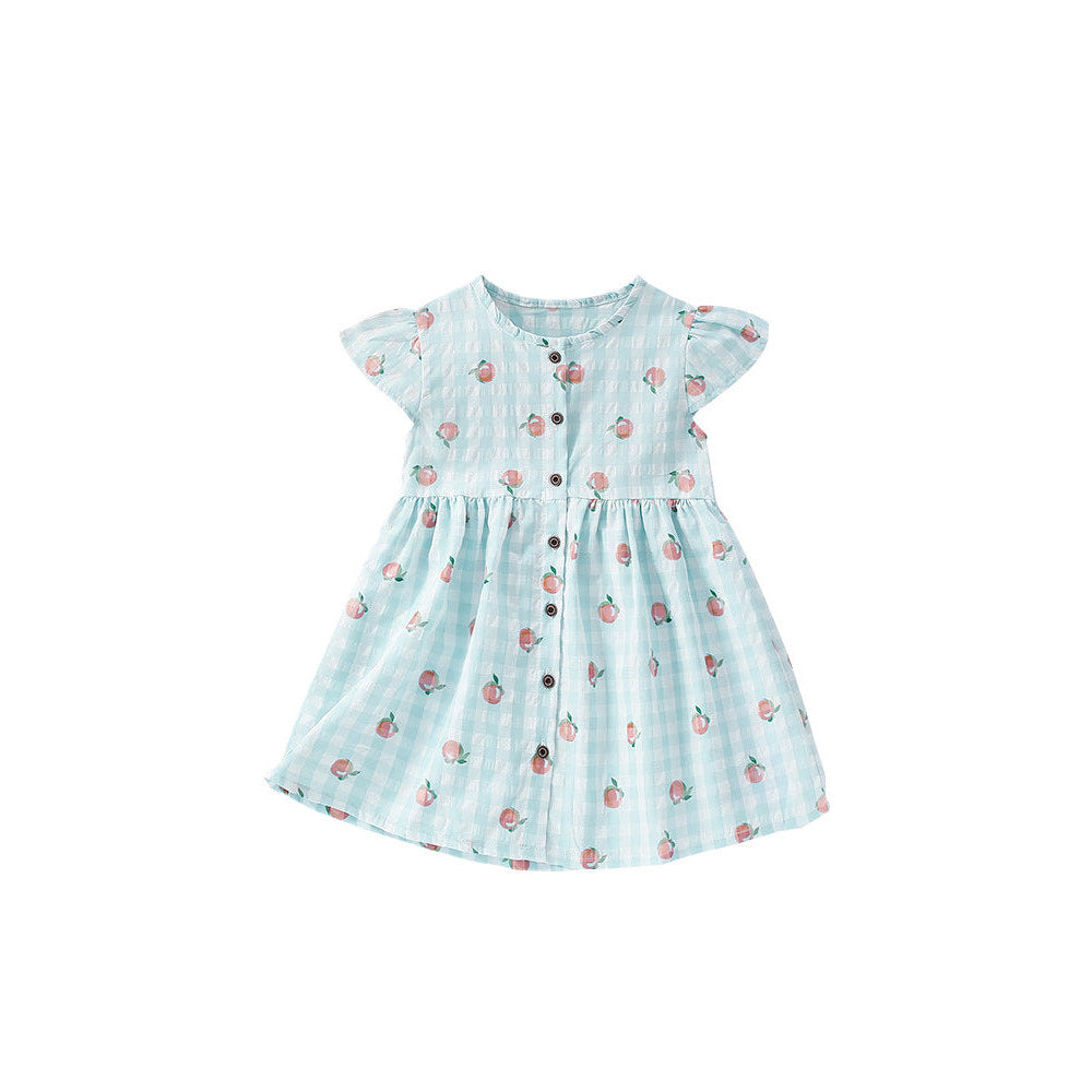 MyKids-USA® Fruits Pattern Fly Sleeves Single Breasted Plaid Dress for Stylish Girls