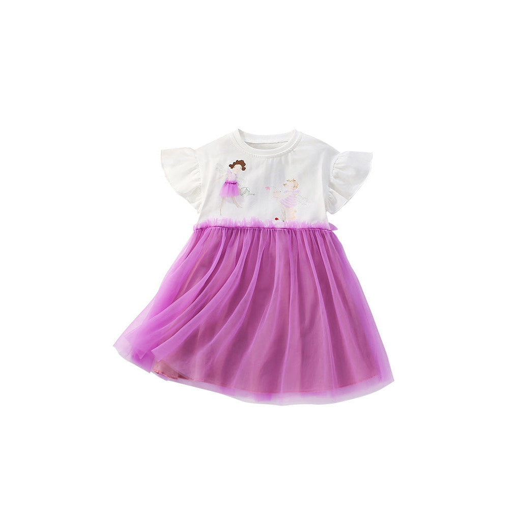 MyKids-USA® Cartoon Pattern Fly Sleeves Tulle Patchwork Dress for Stylish Girls