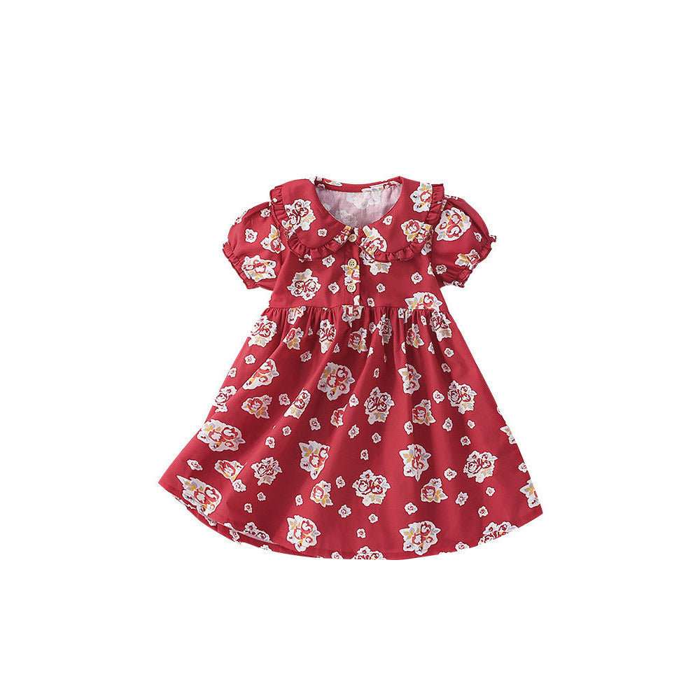 MyKids-USA® Flowers Pattern Short Sleeves Peter Pan Collar Dress for Stylish Girls
