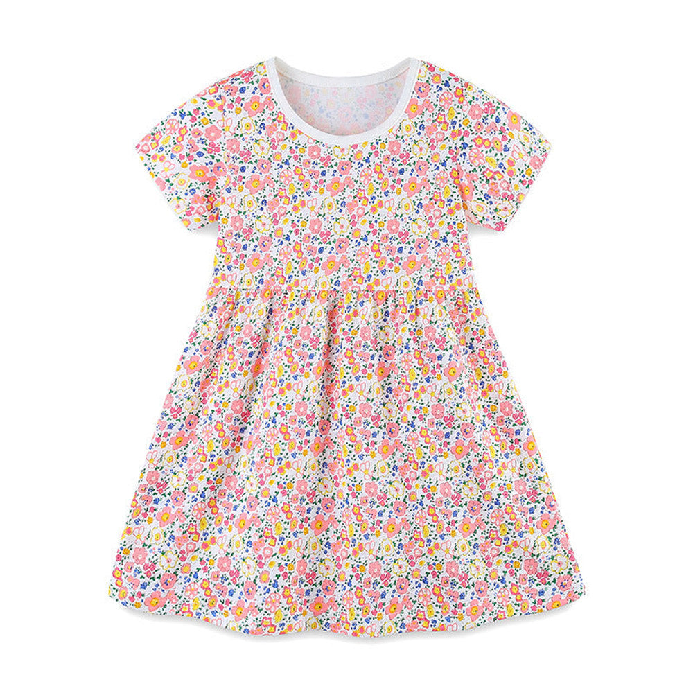 MyKids-USA® Pure Cotton Colorful Floral Pattern Short Sleeves Dress for Stylish Girls