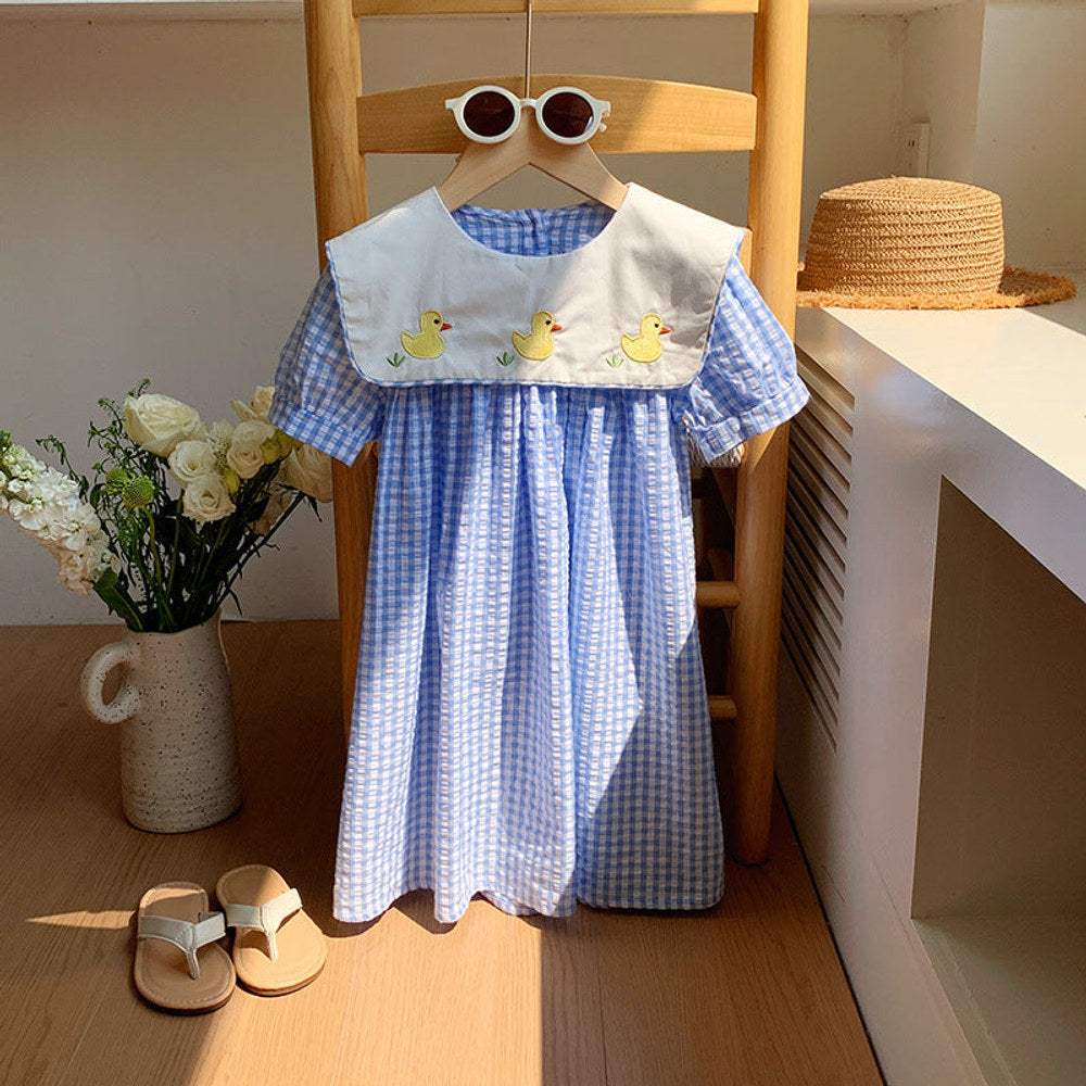 MyKids-USA® Baby Kids Girls Short Sleeves Crew Neck Duck Pattern Plaid Dress