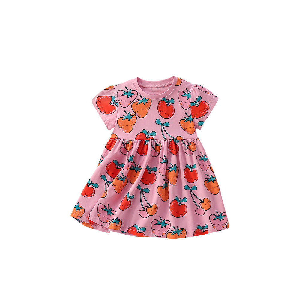 MyKids-USA® Fruits Strawberry Cartoon Pattern Short Sleeves Dress for Stylish Girls
