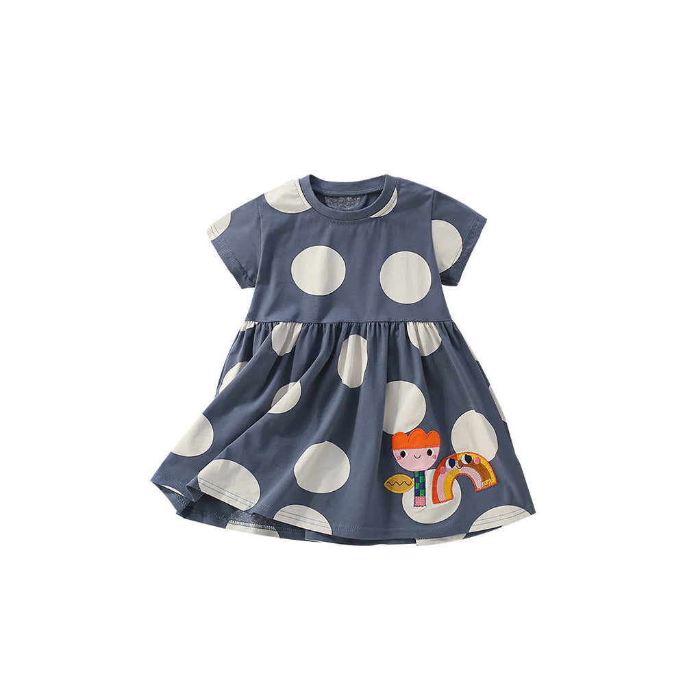 MyKids-USA® Flowers Cartoon and Polka Dots Pattern Short Sleeves Dress for Stylish Girls