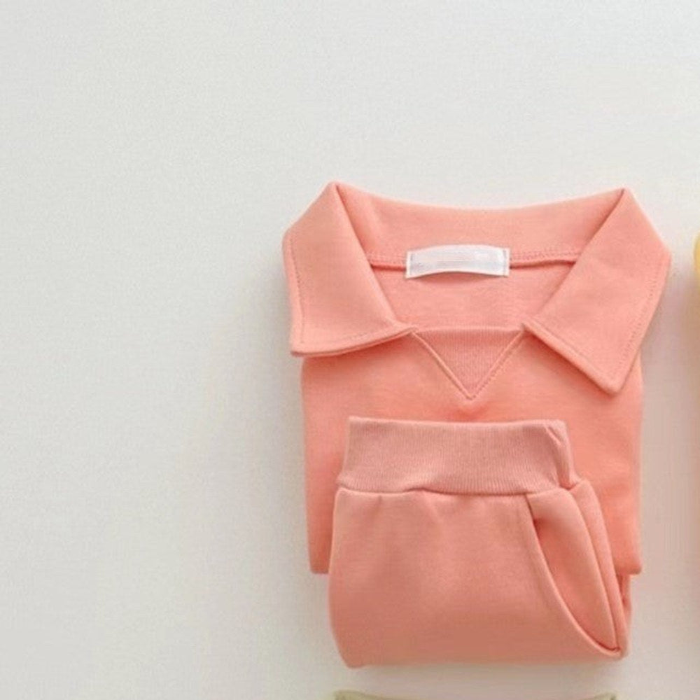 Spring Baby Kids Unisex Casual Solid Color Long Sleeves Top Pullover with Turn-down Collar and Shorts Clothing Set