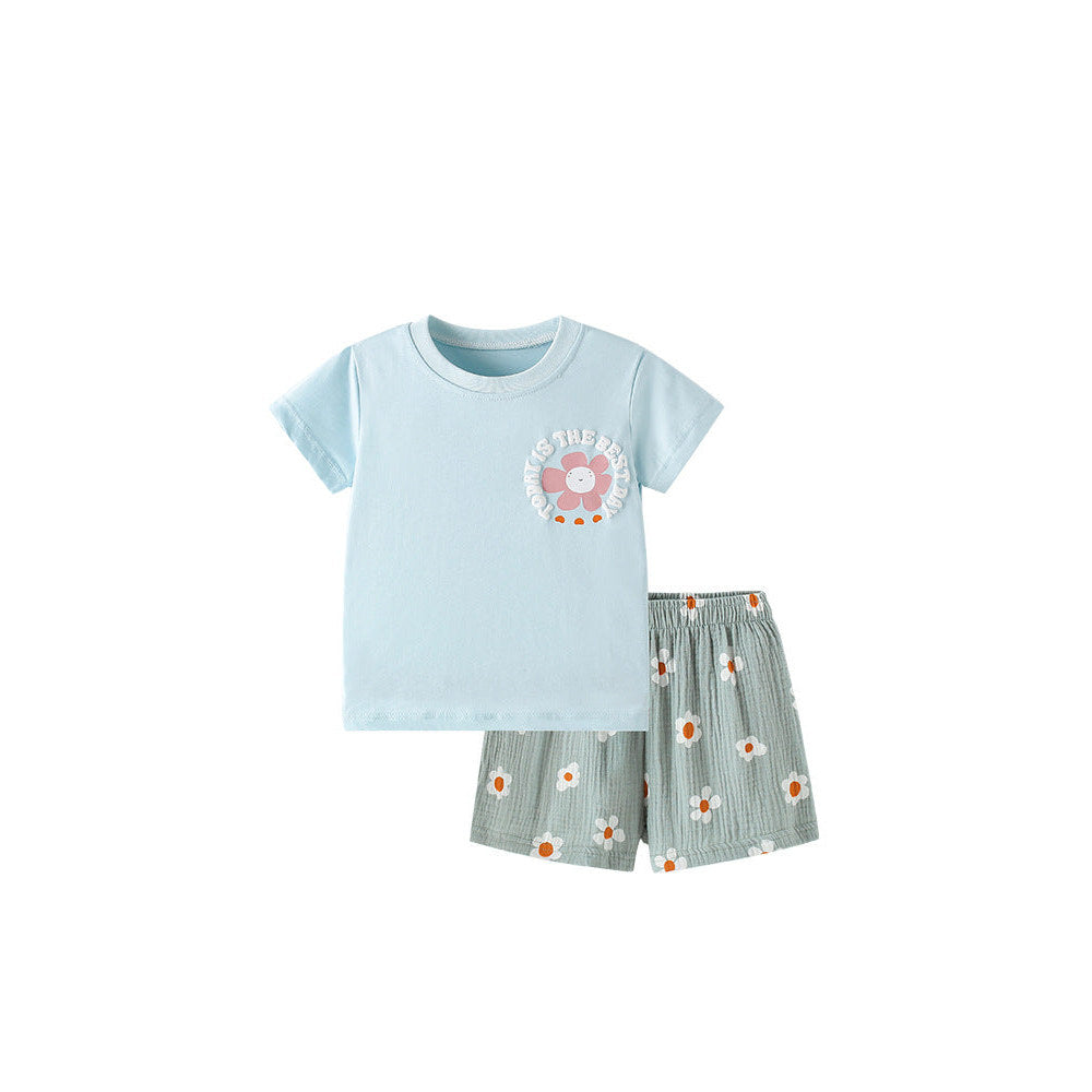 MyKids-USA® Baby Kids Casual Flowers and Letters Cartoon Pattern T-shirt and Shorts Clothing Set for Girls