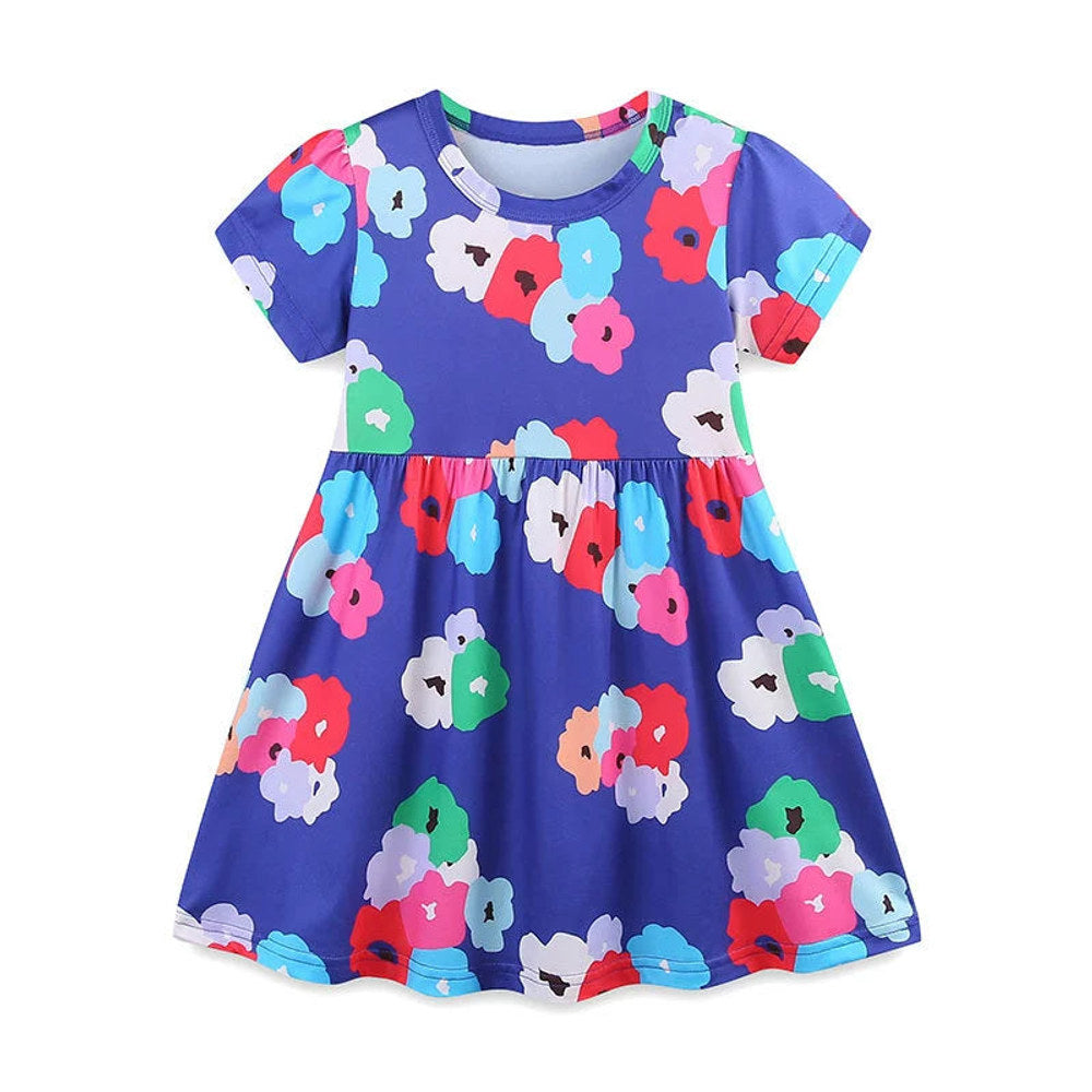 MyKids-USA® Colorful Flowers Pattern Short Sleeves Crew Neck Dress for Stylish Girls