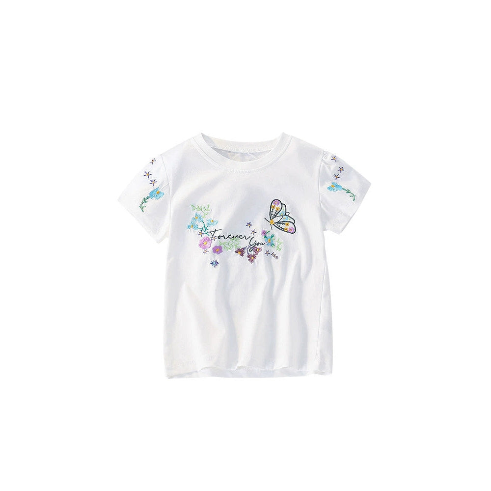 MyKids-USA® Summer Girls’ Butterfly and Flowers Pattern Decorated T-shirt in European and American Style