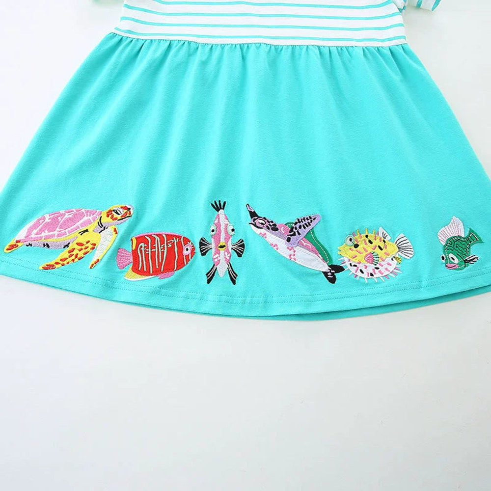 MyKids-USA® Animals Cartoon Pattern Short Sleeves Striped Dress for Stylish Girls