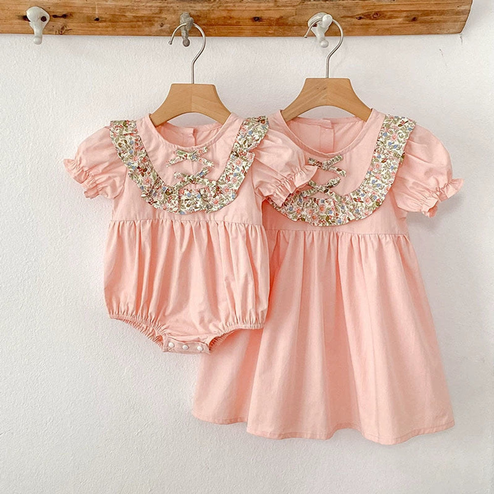 MyKids-USA® Baby Girls French-style Flowers Pattern Short Sleeves Color Patchwork bodysuit or Dress – Princess Sister Matching
