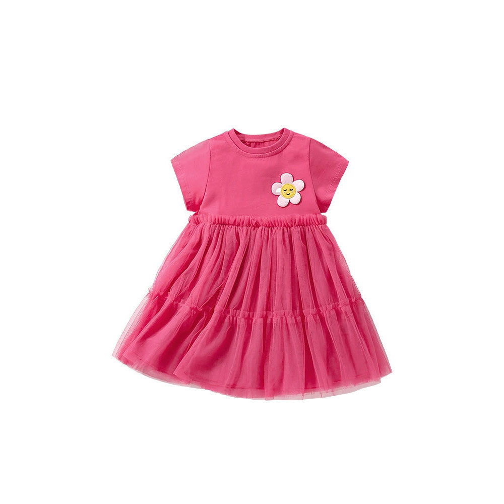 MyKids-USA® Flower Cartoon Pattern Short Sleeves Tulle Design Cute Dress for Stylish Girls
