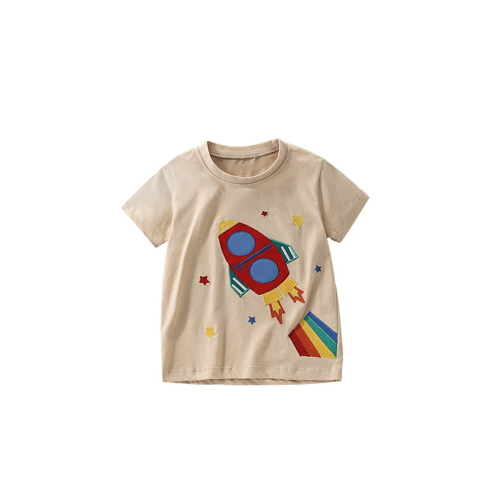MyKids-USA® Summer Arrival Boys’ Rocket and Stars Cartoon Pattern T-shirt in European and American Style