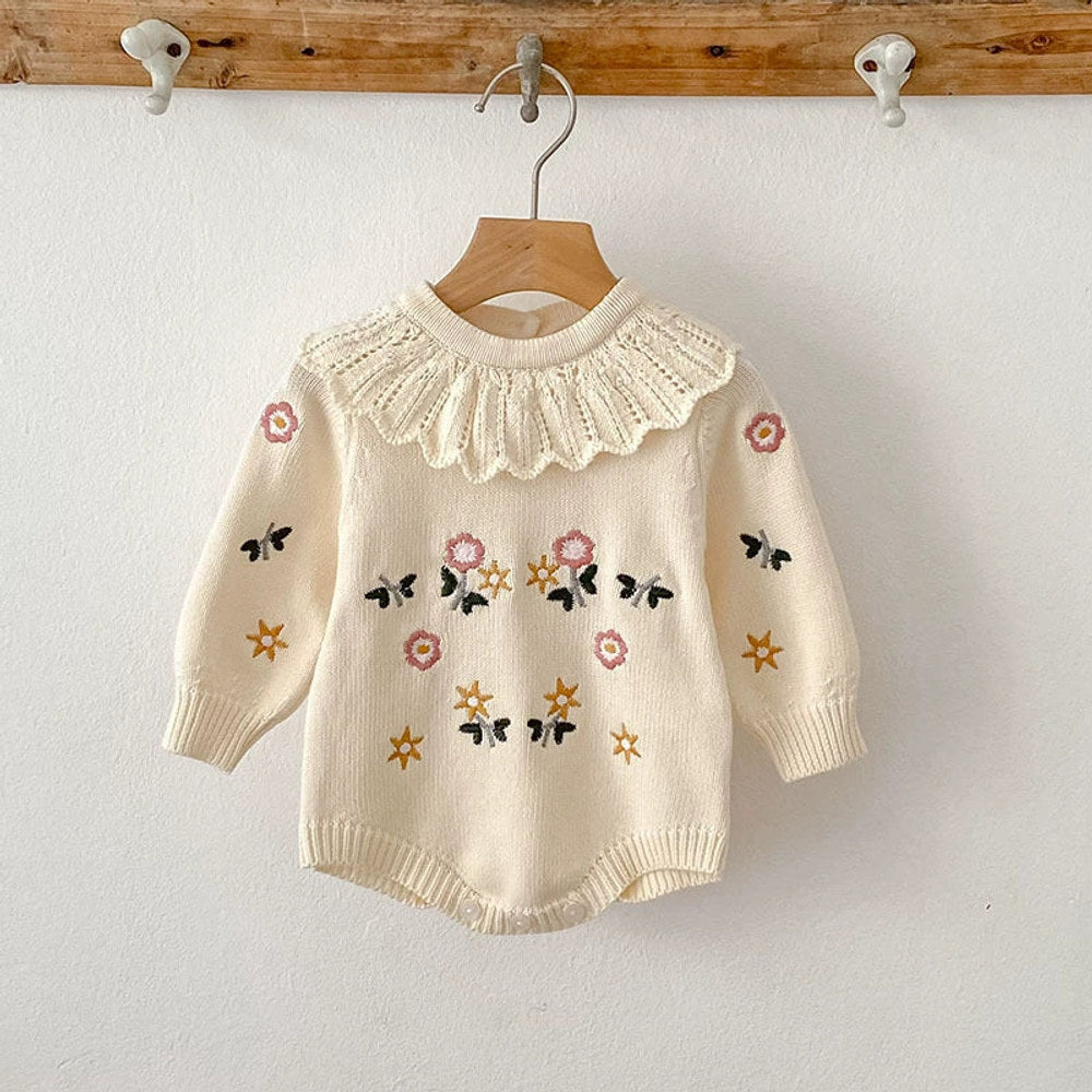 Autumn Arrival Baby Girls Knitted Long Sleeves Flowers Embroidered Pattern bodysuit