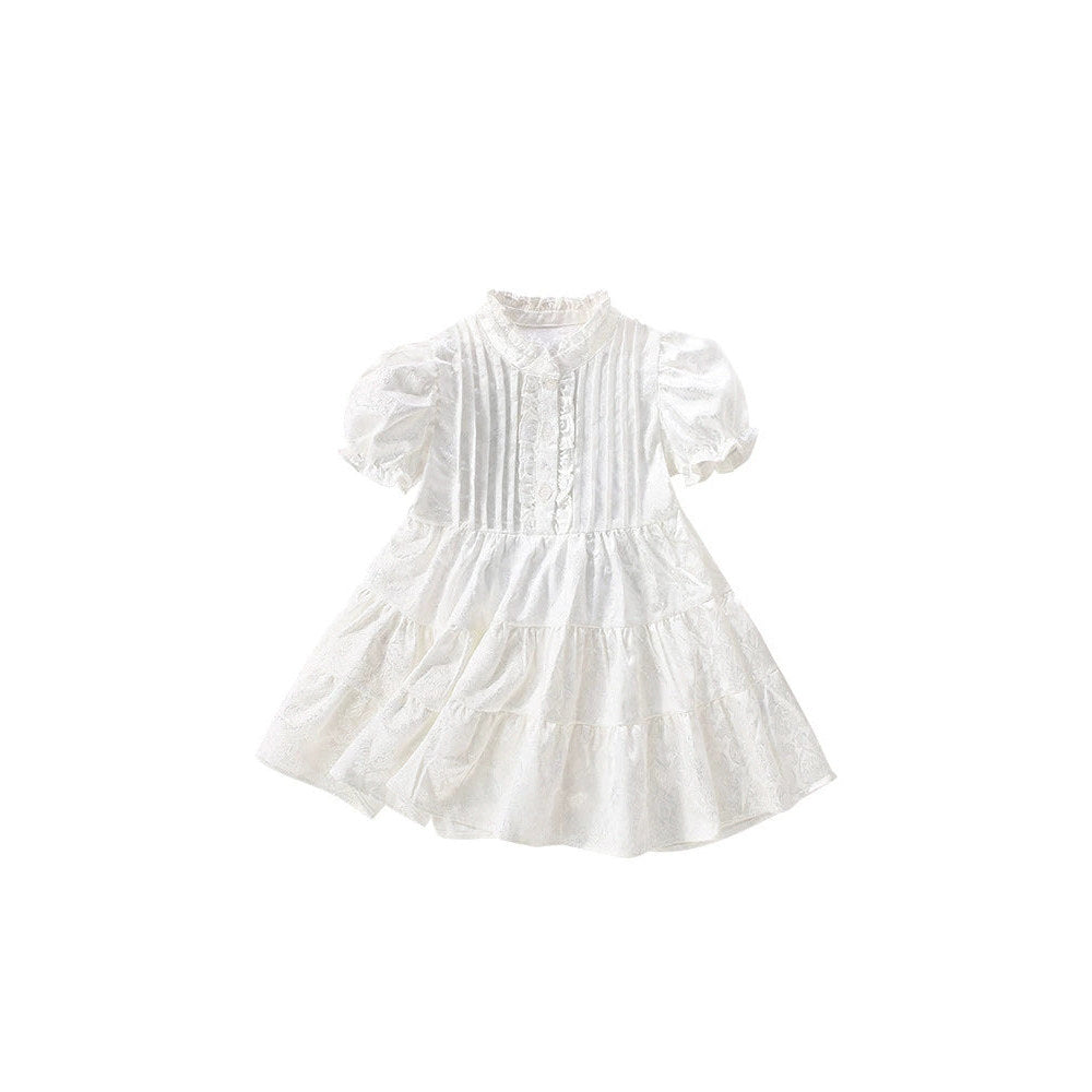 MyKids-USA® Solid Color Flowers Pattern Short Sleeves Dress with Ruffle Neck for Stylish Girls