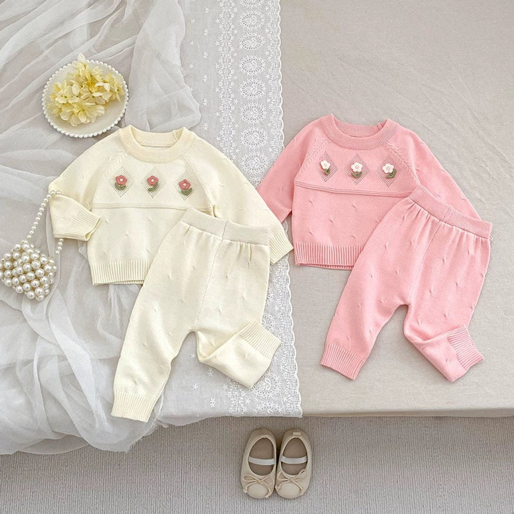 Arrival Autumn Baby Girls Long Sleeves Simple Knitted Top with Flowers Pattern and Solid Color Long Trousers Clothing Set