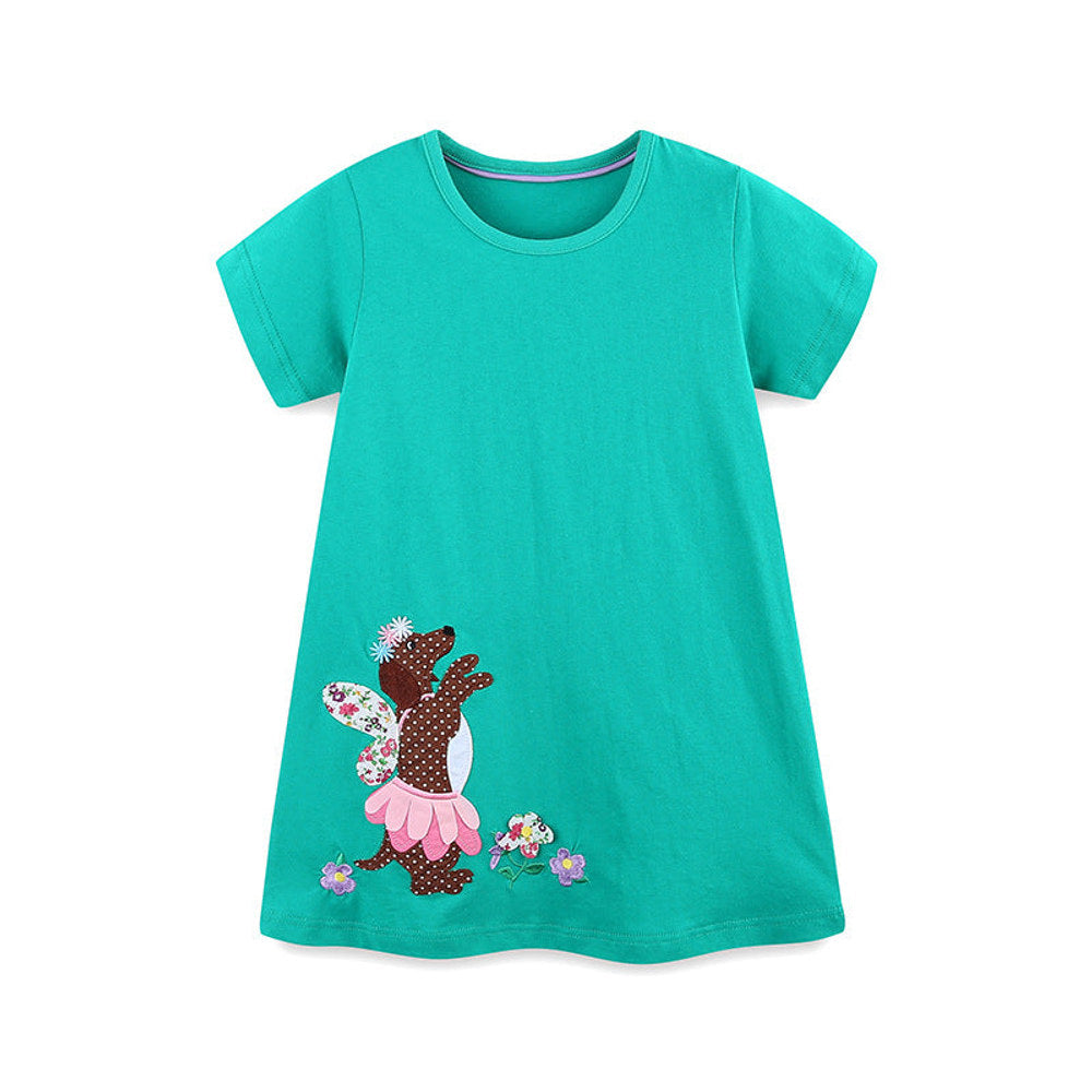 MyKids-USA® Cute Puppy and Flowers Cartoon Pattern Short Sleeves Dress for Stylish Girls