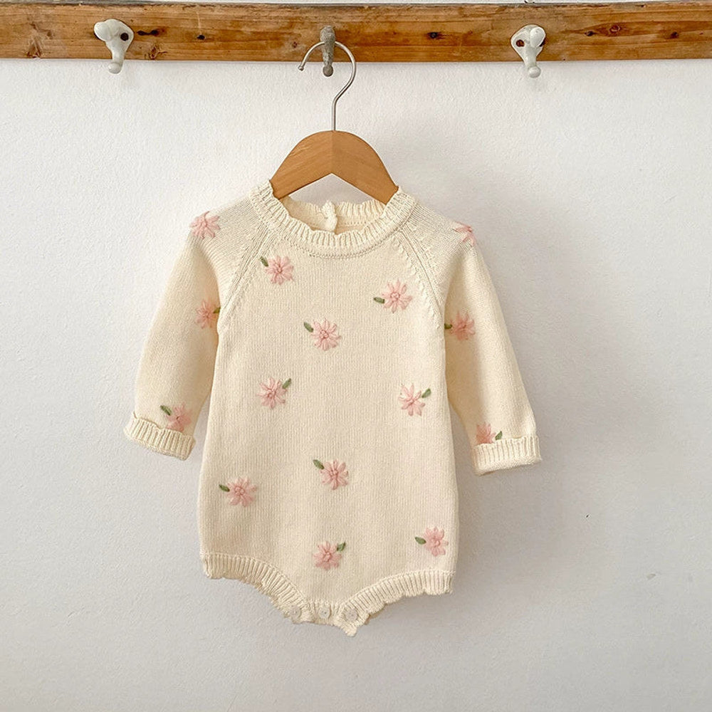 MyKids-USA® Baby Girls Knitted Long Sleeves Flowers Embroidered Pattern bodysuit