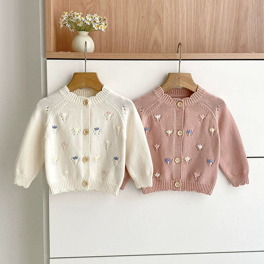 Autumn Arrival Baby Girls Comfortable Flowers Embroidery Pattern Knitted Long Sleeves Cardigan