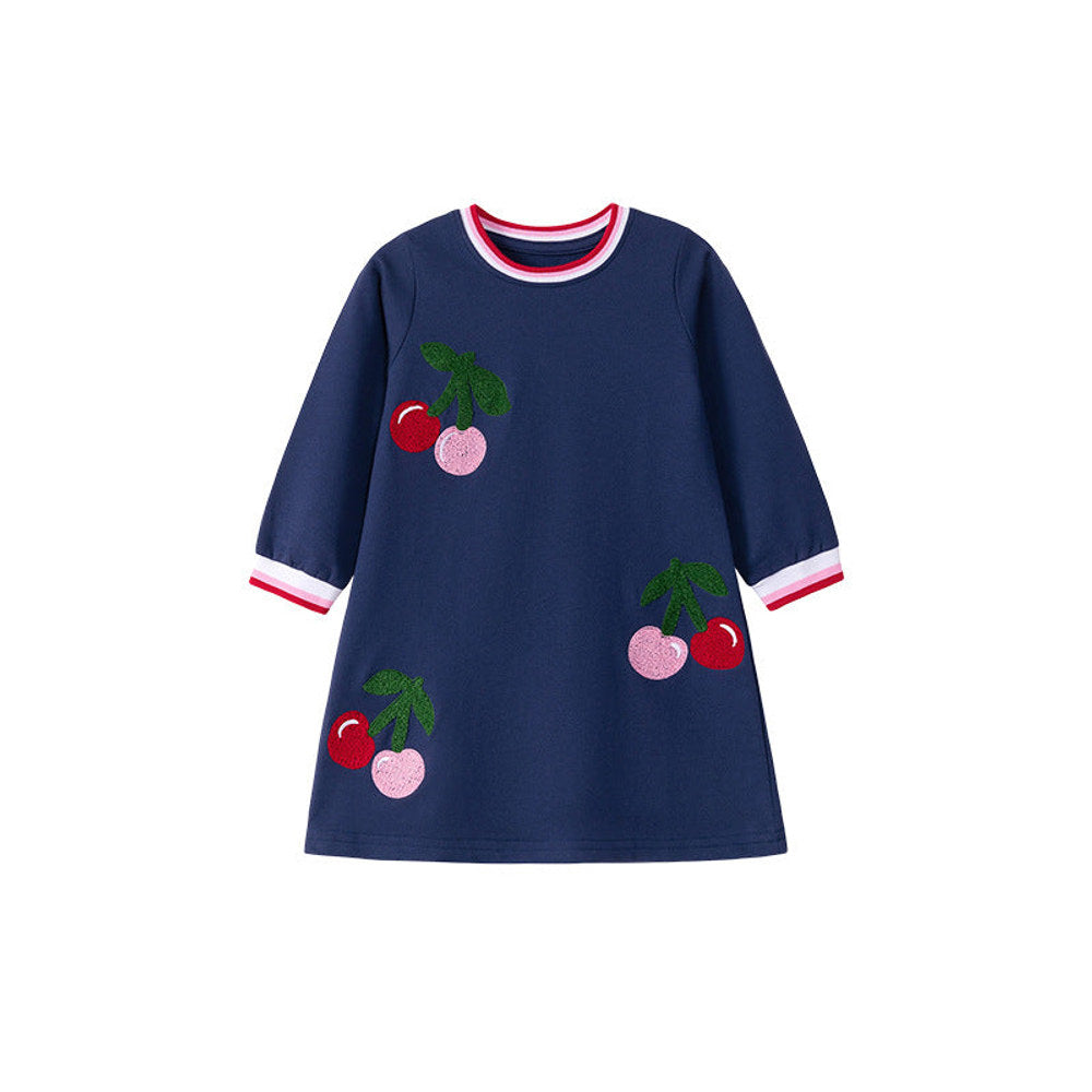 MyKids-USA® Cherry Pattern Long Sleeves Striped Crew Neck Dress for Stylish Girls