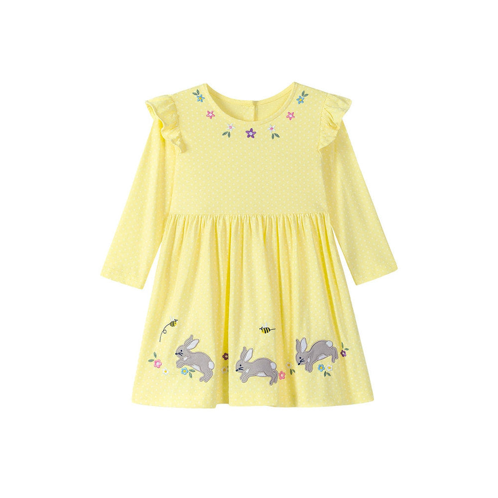 MyKids-USA® Autumn Arrival Cartoon Rabbits and Flowers Pattern Long Sleeves Crew Neck Dress for Stylish Girls