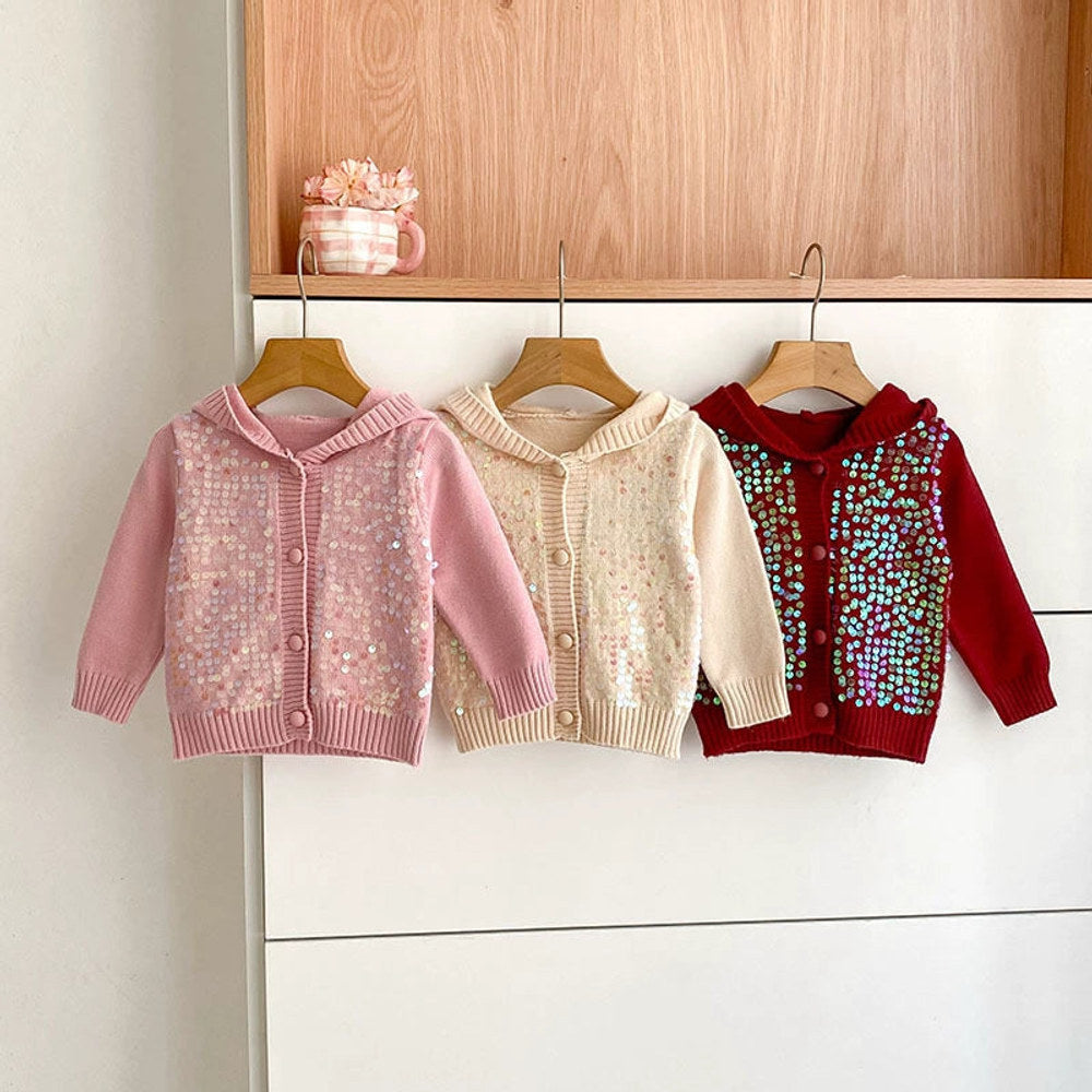 Autumn Arrival Baby Girls Comfortable Sequins Decorated Knitted Long Sleeves Cardigan with Hood