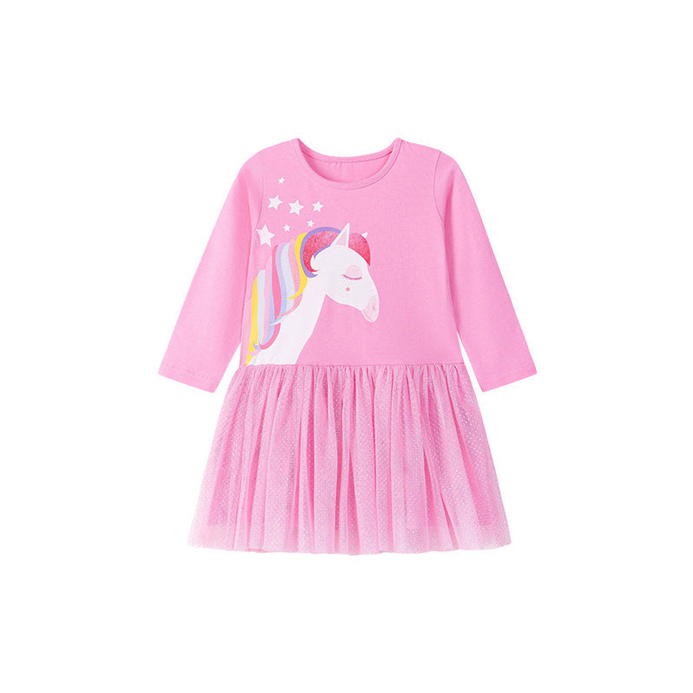 MyKids-USA® Cartoon Animals Pattern Long Sleeves Crew Neck Dress for Stylish Girls