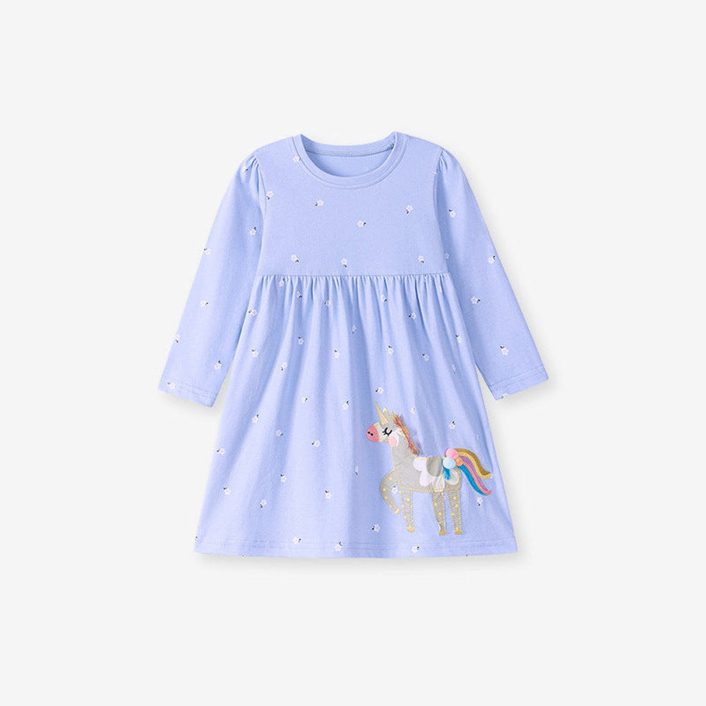 MyKids-USA® Cartoon Horse and Flowers Pattern Long Sleeves Crew Neck Dress for Stylish Girls