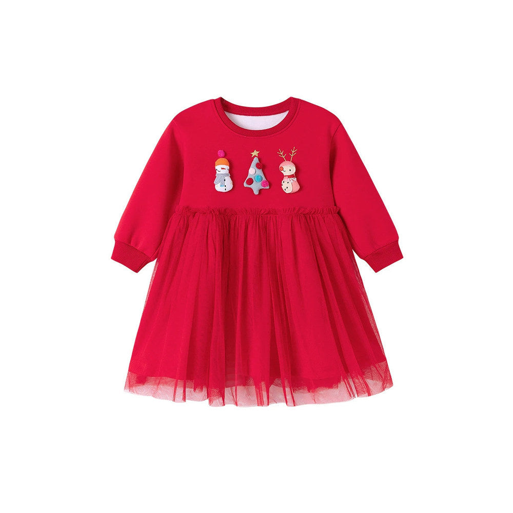 MyKids-USA® Warm Christmas Cartoon Pattern Long Sleeves Crew Neck Dress for Stylish Girls
