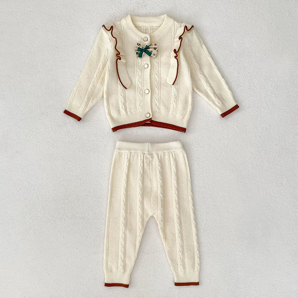 MyKids-USA® Baby Girls Long Sleeves Color Patchwork Jacquard Pattern Knitted Top Cardigan and Long Trousers Clothing Set