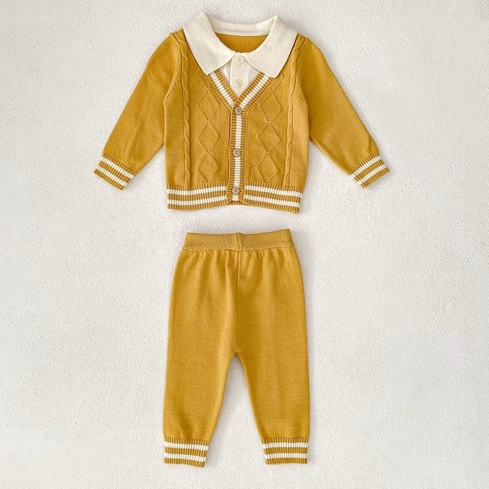 MyKids-USA® Baby Unisex Long Sleeves Color Patchwork Striped Pattern Knitted Top Cardigan and Long Trousers Clothing Set