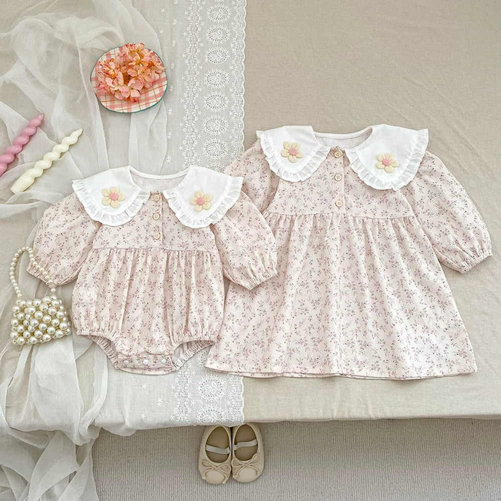 MyKids-USA® Baby Girls French Style Flowers Pattern Long-sleeved bodysuit and Dress – Princess Sister Matching Set