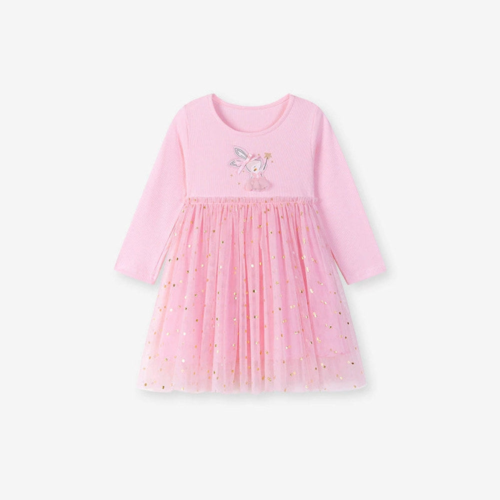 MyKids-USA® Rabbit Cartoon and Dots Pattern Long Sleeves Crew Neck Dress for Stylish Girls