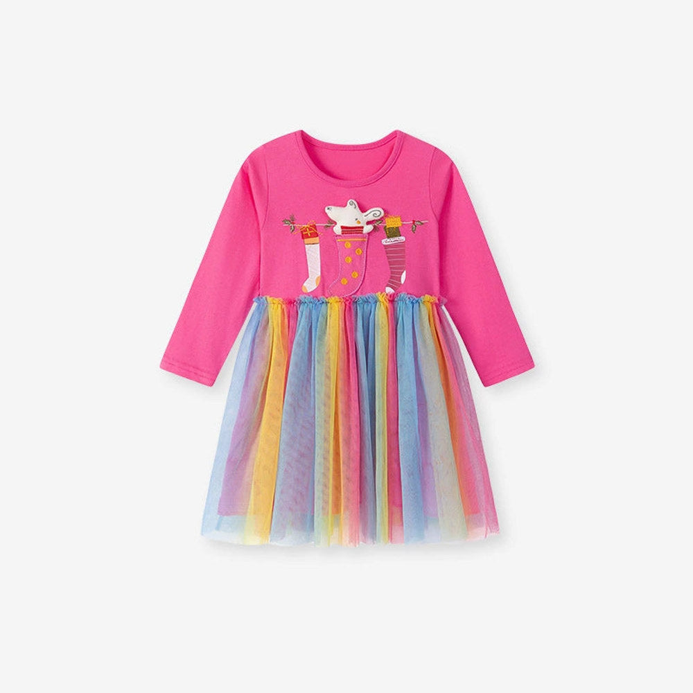 MyKids-USA® Cartoon Pattern Long Sleeves Dress with Colorful Tulle for Stylish Girls