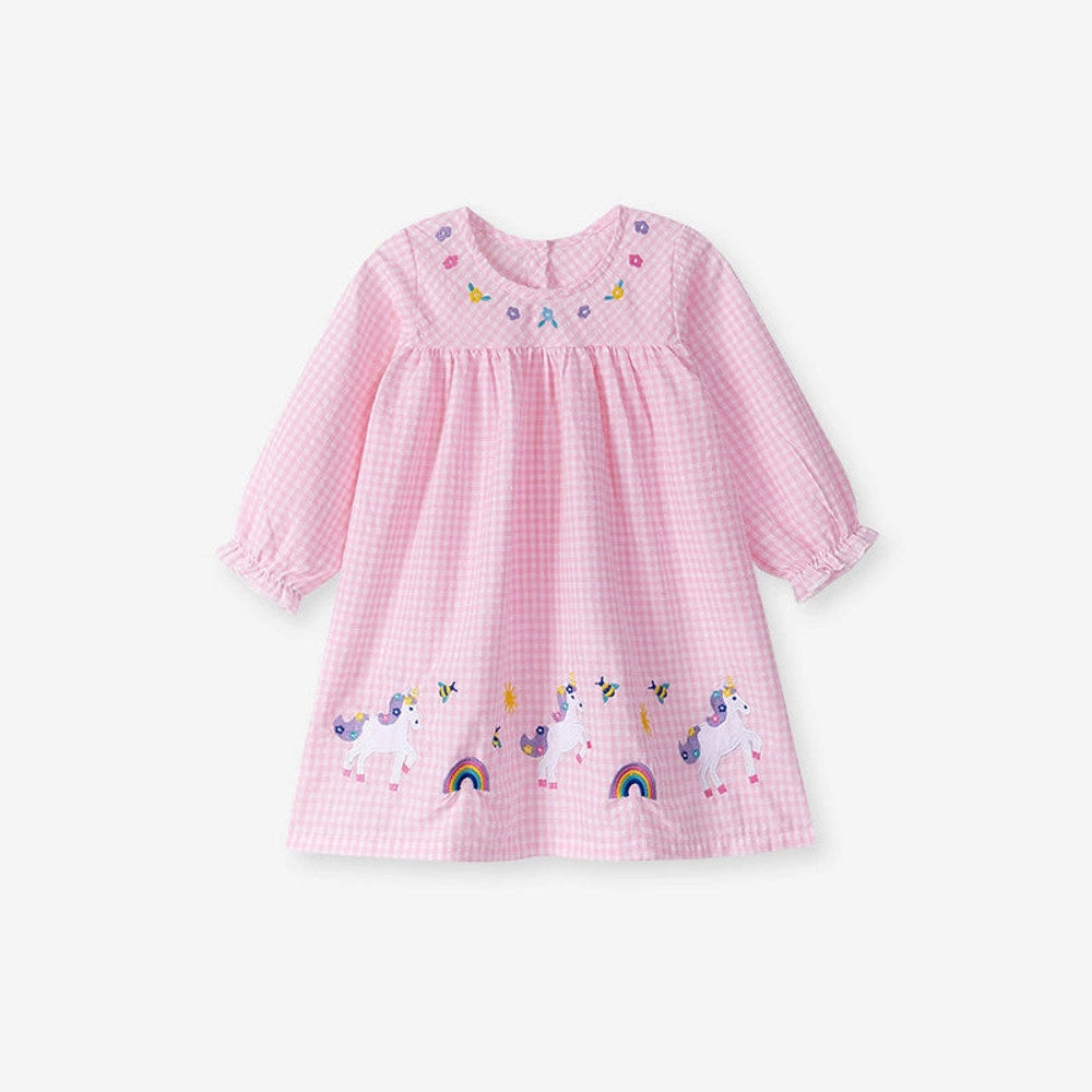 MyKids-USA® Cartoon Pattern Long Sleeves Plaid Dress for Stylish Girls