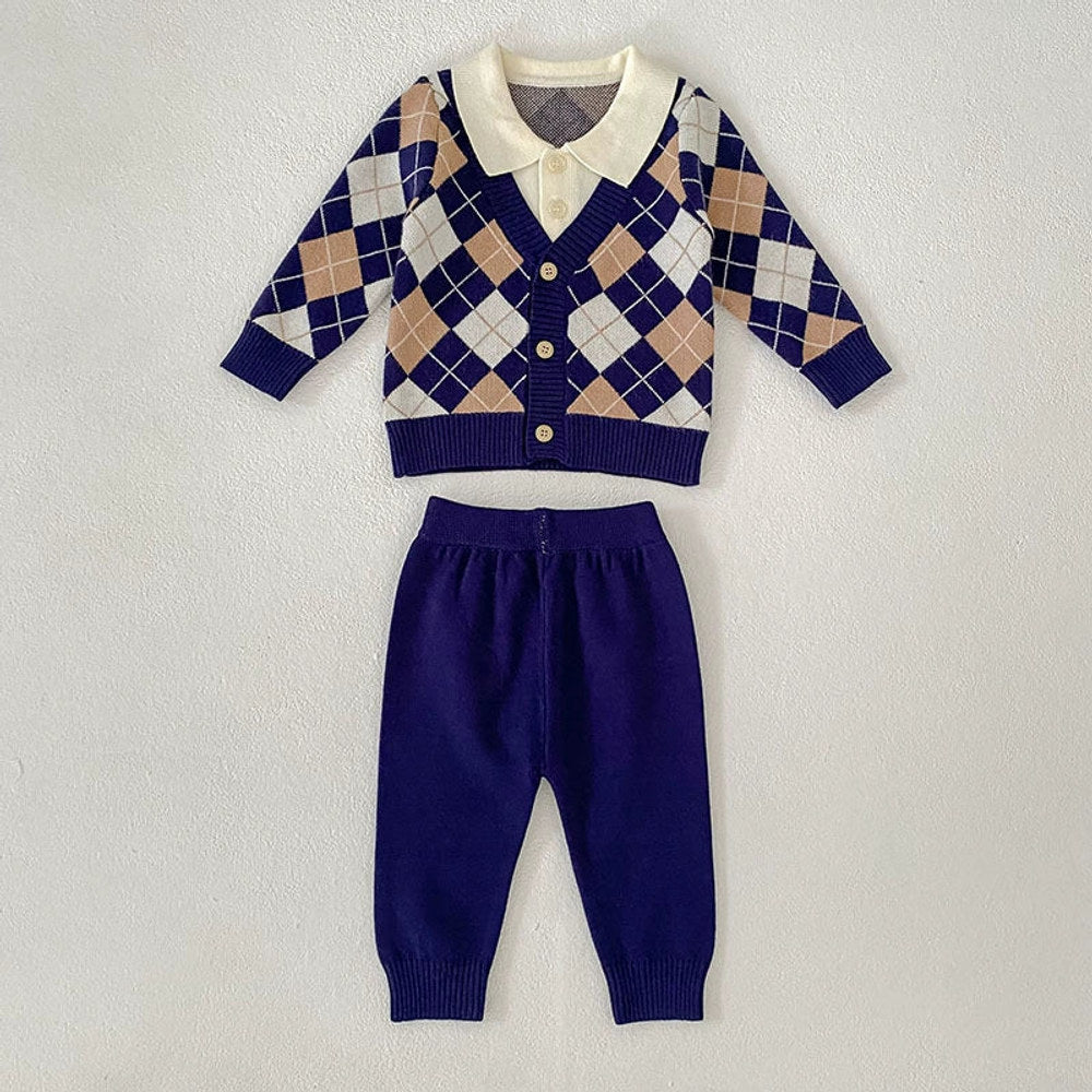 MyKids-USA® Baby Unisex Long Sleeves Argyle Pattern Knitted Top Cardigan and Long Solid Color Trousers Clothing Set