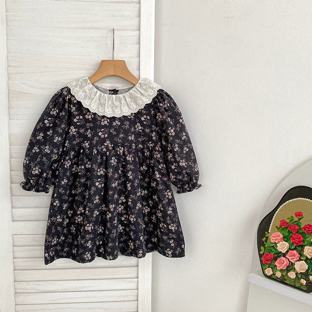 MyKids-USA® Baby Girls French-style Flowers Pattern Long Sleeves bodysuit and Dress with Collar – Princess Sister Matching Set