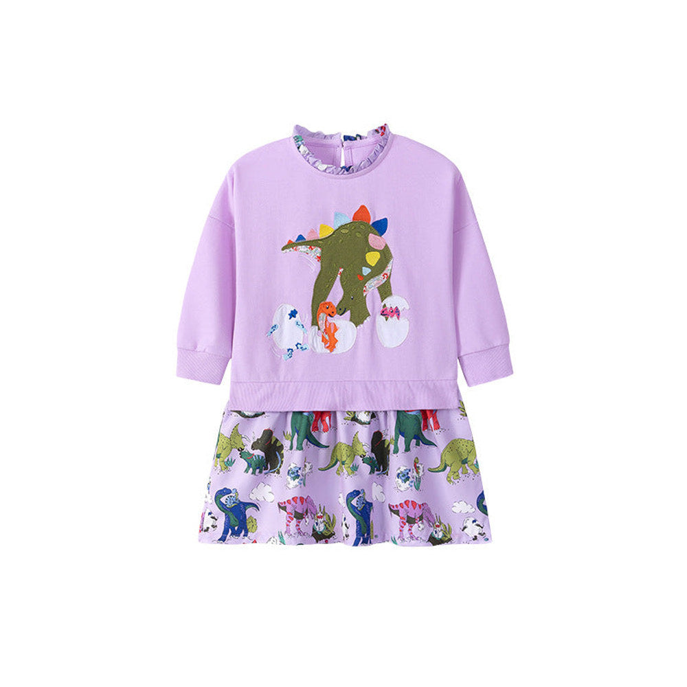 MyKids-USA® Cartoon Dinosaurs Pattern Long Sleeves Dress for Stylish Girls