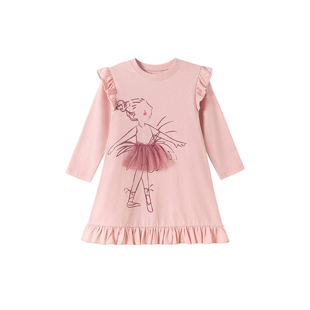 MyKids-USA® Tulle Decorated Fairy Cartoon Pattern Long Sleeves Dress for Stylish Girls