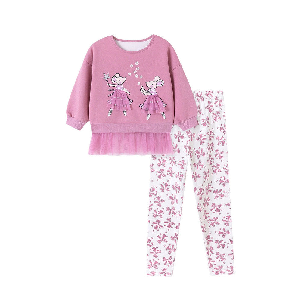MyKids-USA® Girls Animals Cartoon Pattern Long Sleeves Tulle Patchwork Sweatshirt and Floral Pants Clothing Set