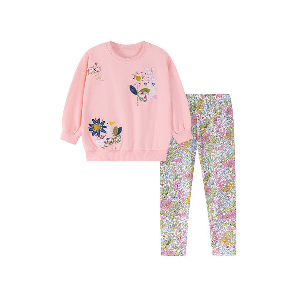 MyKids-USA® Girls Flowers and Animals Cartoon Pattern Long Sleeves Sweatshirt and Floral Pants Clothing Set