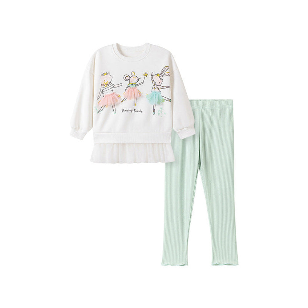 MyKids-USA® Girls Animals Cartoon Pattern Long Sleeves Tulle Decorated Sweatshirt and Plain Pants Clothing Set