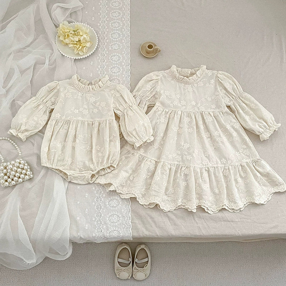 MyKids-USA® Baby Girls French Style Flowers Pattern Long-sleeved bodysuit and Dress – Princess Sister Matching Set