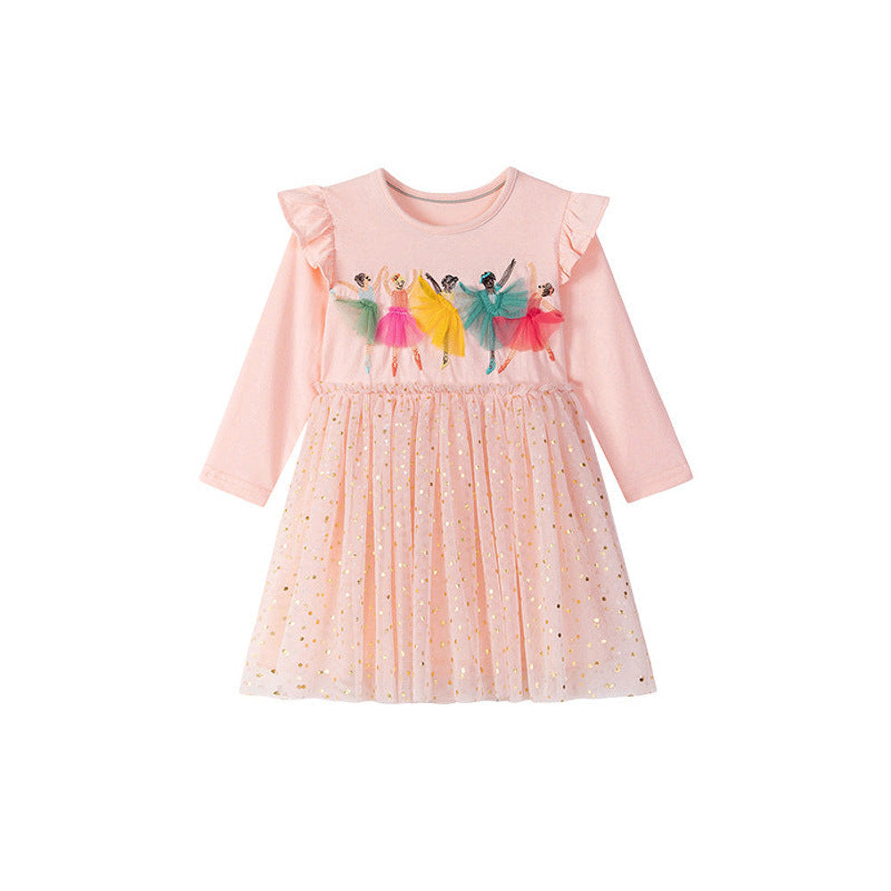 MyKids-USA® Princess Cartoon Pattern Long Sleeves Tulle Patchwork Dress for Stylish Girls
