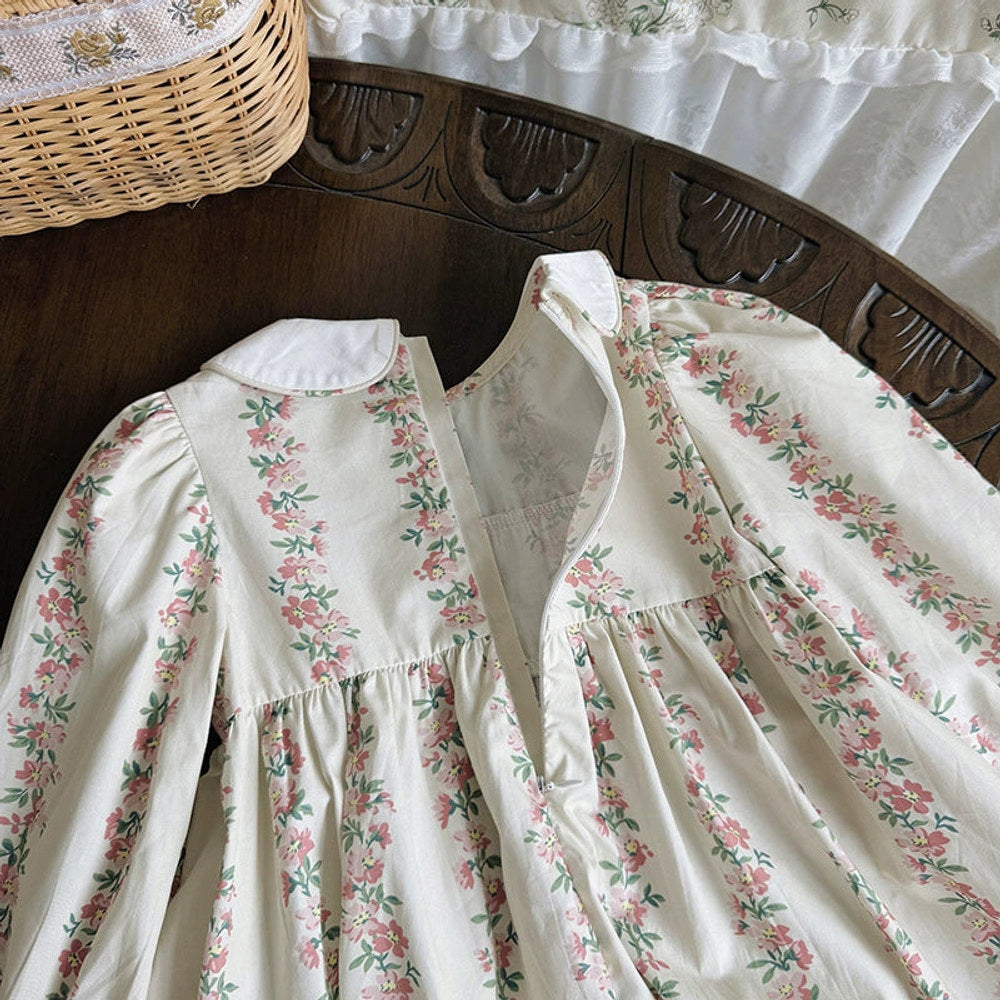 MyKids-USA® Girls Floral and Striped Pattern Long Sleeves Dress
