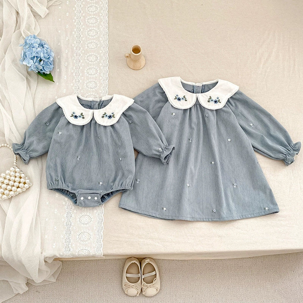 MyKids-USA® Baby Girls Flowers Embroidered Pattern Long-sleeved bodysuit and Dress – Princess Sister Matching Set