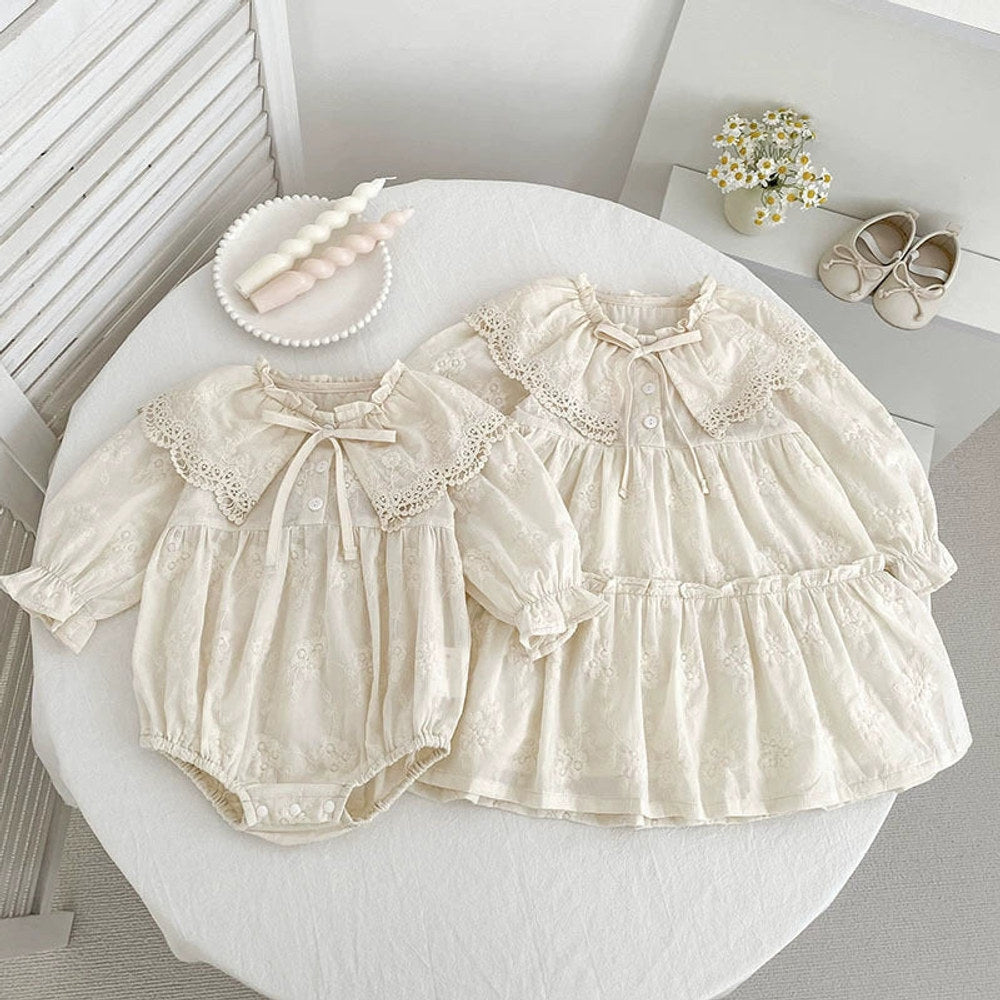 MyKids-USA® Baby Girls Flowers Pattern Long-sleeved bodysuit or Dress – Princess Sister Matching with Collar