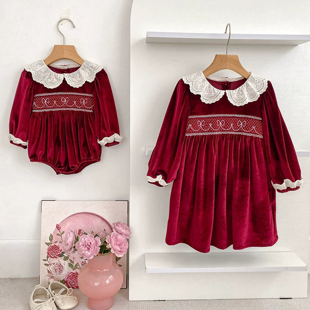 MyKids-USA® Baby Girls Long-sleeved bodysuit or Dress – Princess Sister Matching with Hollow-out Collar