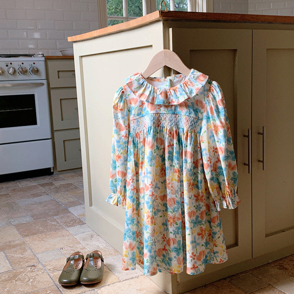 MyKids-USA® Girls Cute Colorful Flowers Painting Pattern Long Sleeves Dress with Ruffle Collar