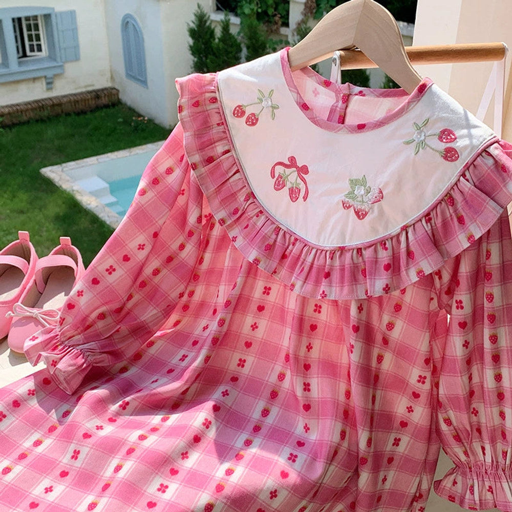 MyKids-USA® Girls Strawberry and Plaid Pattern Long Sleeves Dress