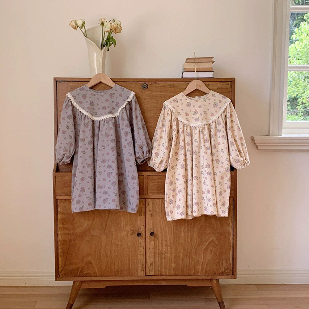 MyKids-USA® Baby Kids Girls Vintage Flowers Pattern Long Sleeves Crew Neck Dress